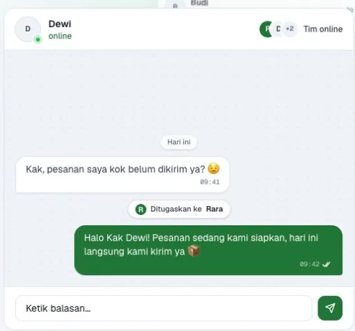 Percakapan demo Sapa dengan penugasan kepada tim CS